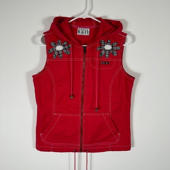 Y2K Keren Hart Red Zip Hooded Vest Size Small Pockets - Picture 1 of 11